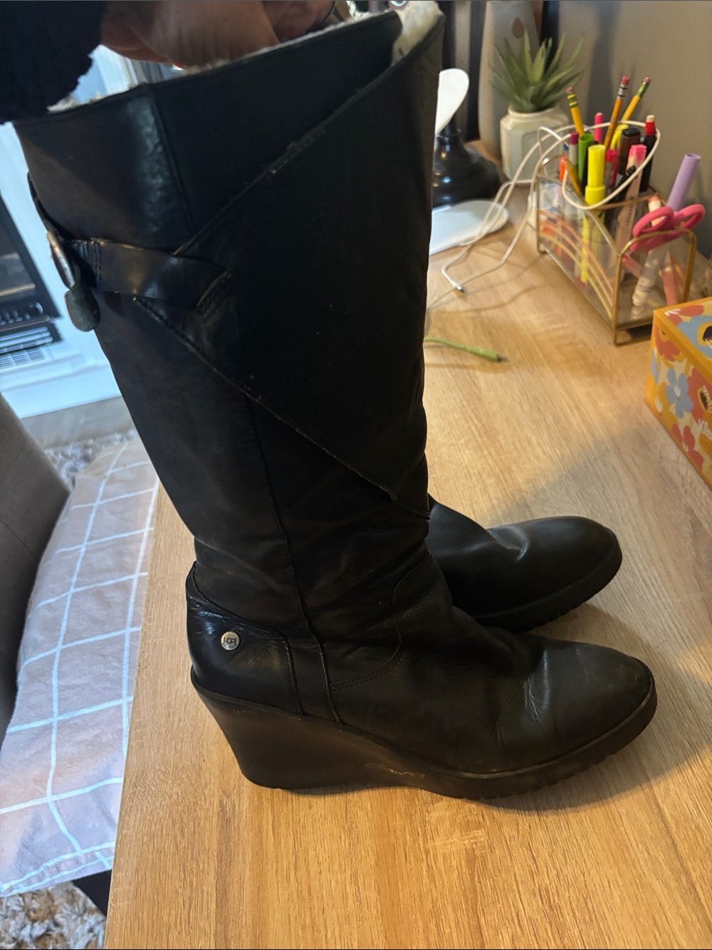 UGG Black Leather Wedge Knee-High Boots with Side Zipper - Picture 3 of 7